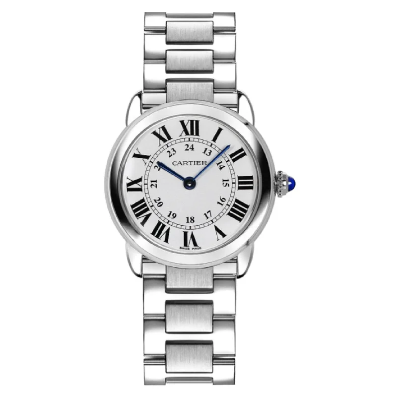 Cartier Tank watch with black leather strap -Cartier Ronde Solo de Cartier 29.5mm Women's watch - Ref: W6701004 - Silver Roman & Arabic Dial, Stainless Steel Bracelet